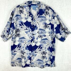 Bermuda Bay Hawaiian Shirt Mens L Blue White Floral Silk Aloha Outrigger Canoe